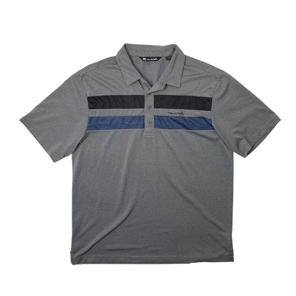 Travis Mathew Polo Shirt Mens L Large Grey Black Navy Heather Chest Stripe Golf